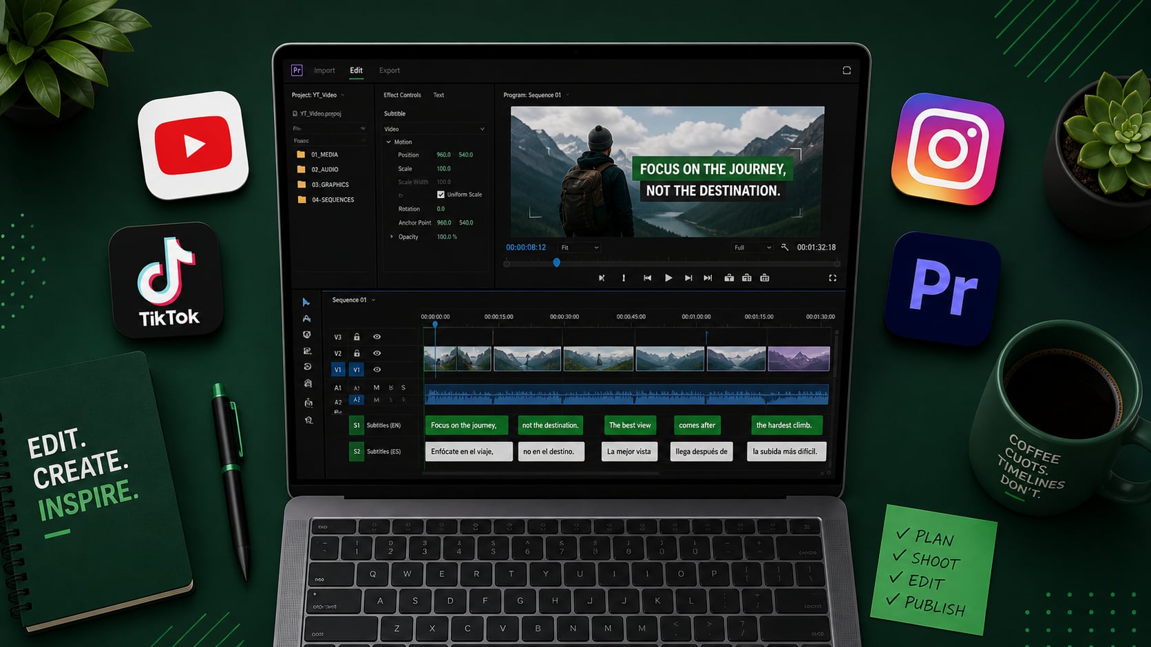 Video editing timeline with subtitle tracks visible, showing the process of adding subtitles across multiple platforms