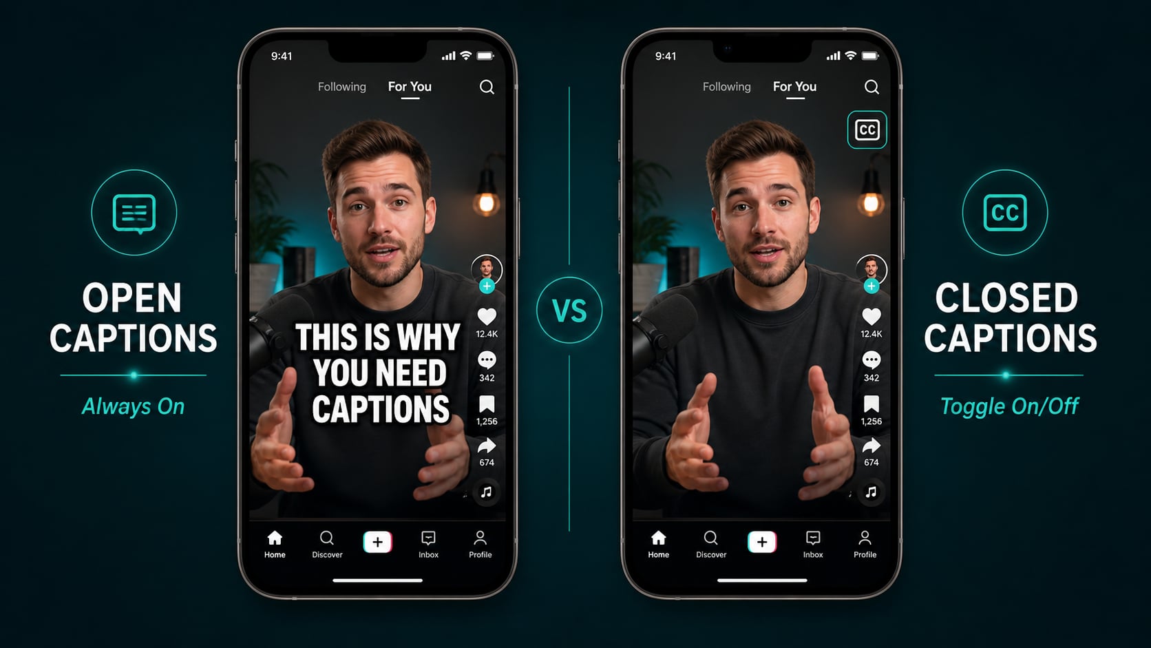 Two video frames side by side showing open captions always visible versus closed captions with a toggle off state