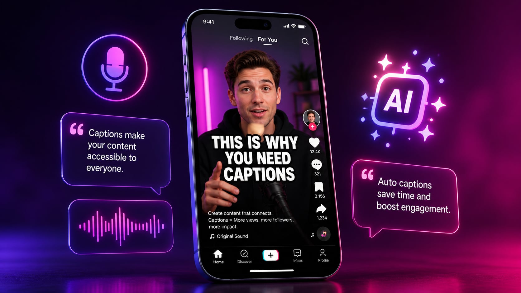 TikTok-style vertical video with bold styled caption text overlaid, showing an AI caption generator interface on a smartphone