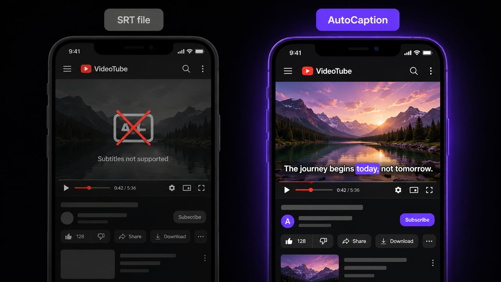 SRT file versus burned-in subtitles comparison — AutoCaption approach