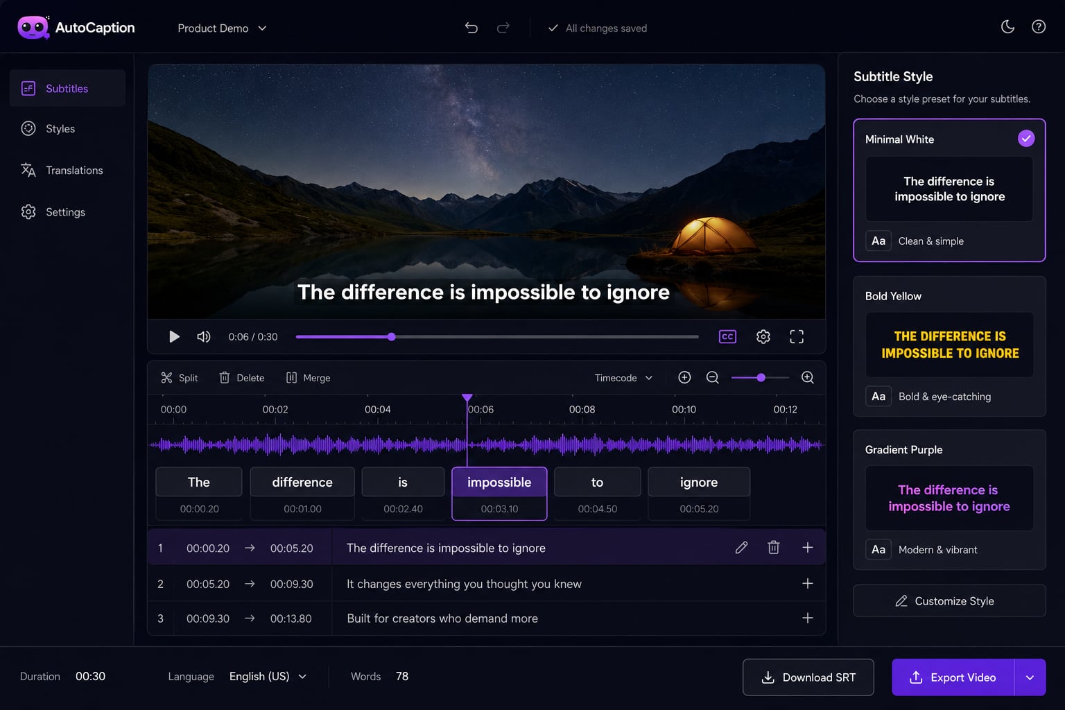AutoCaption subtitle generator editor interface with waveform timeline and style picker