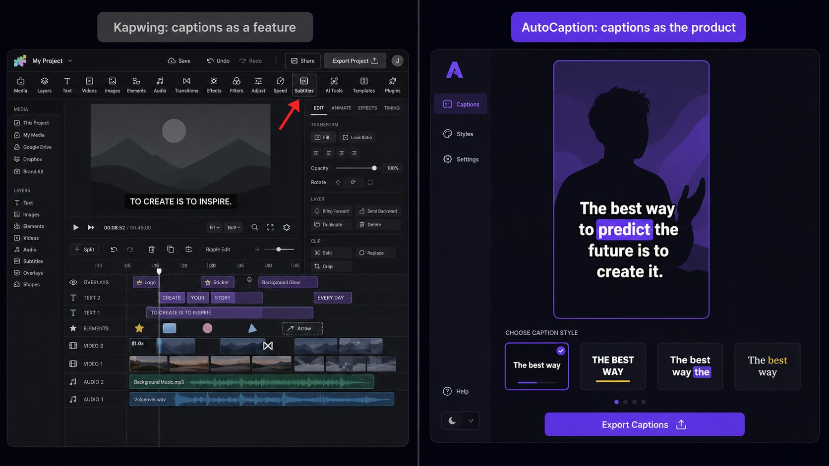 UI comparison of AutoCaption caption-first interface versus Kapwing complex video editor
