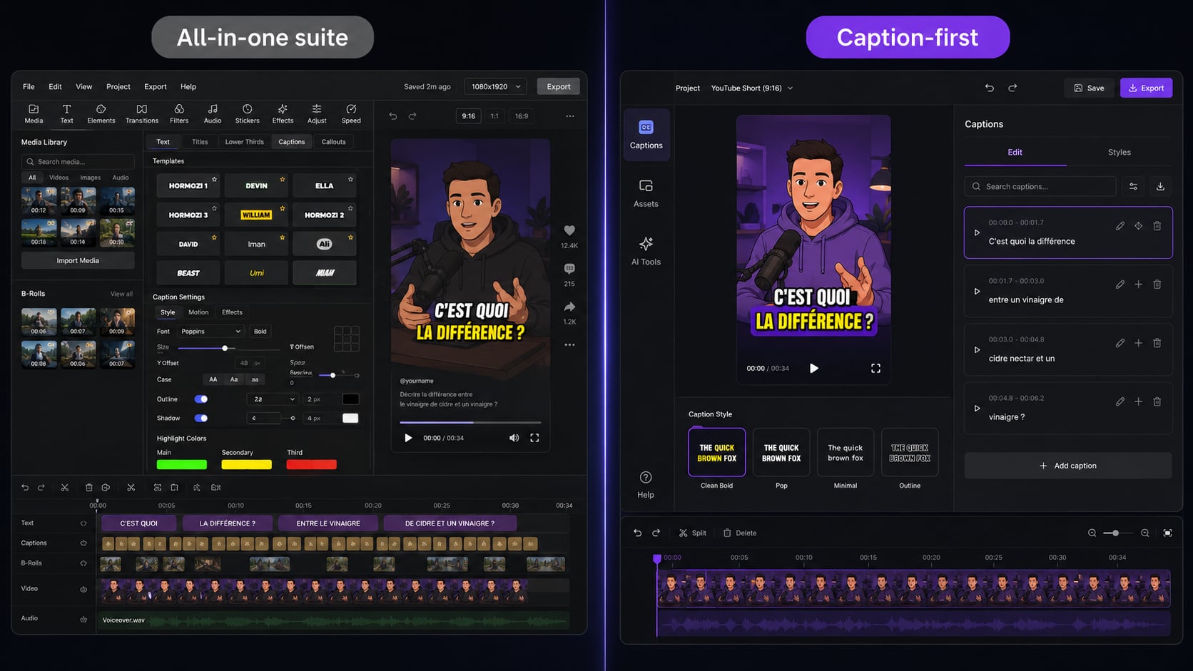 AutoCaption vs Submagic UI comparison — caption-first simplicity vs all-in-one complexity